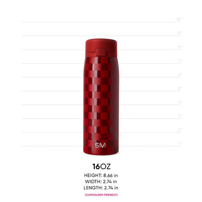 Deep red drinkware with burgundy checkerboard pattern displayed against a bold wine-red background