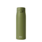 Sage green insulated water bottle with cylindrical shape and tapered top on white background