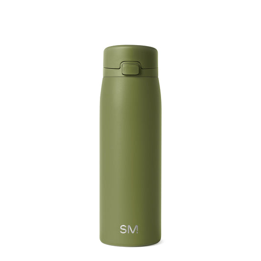 Sage green insulated water bottle with cylindrical shape and tapered top on white background