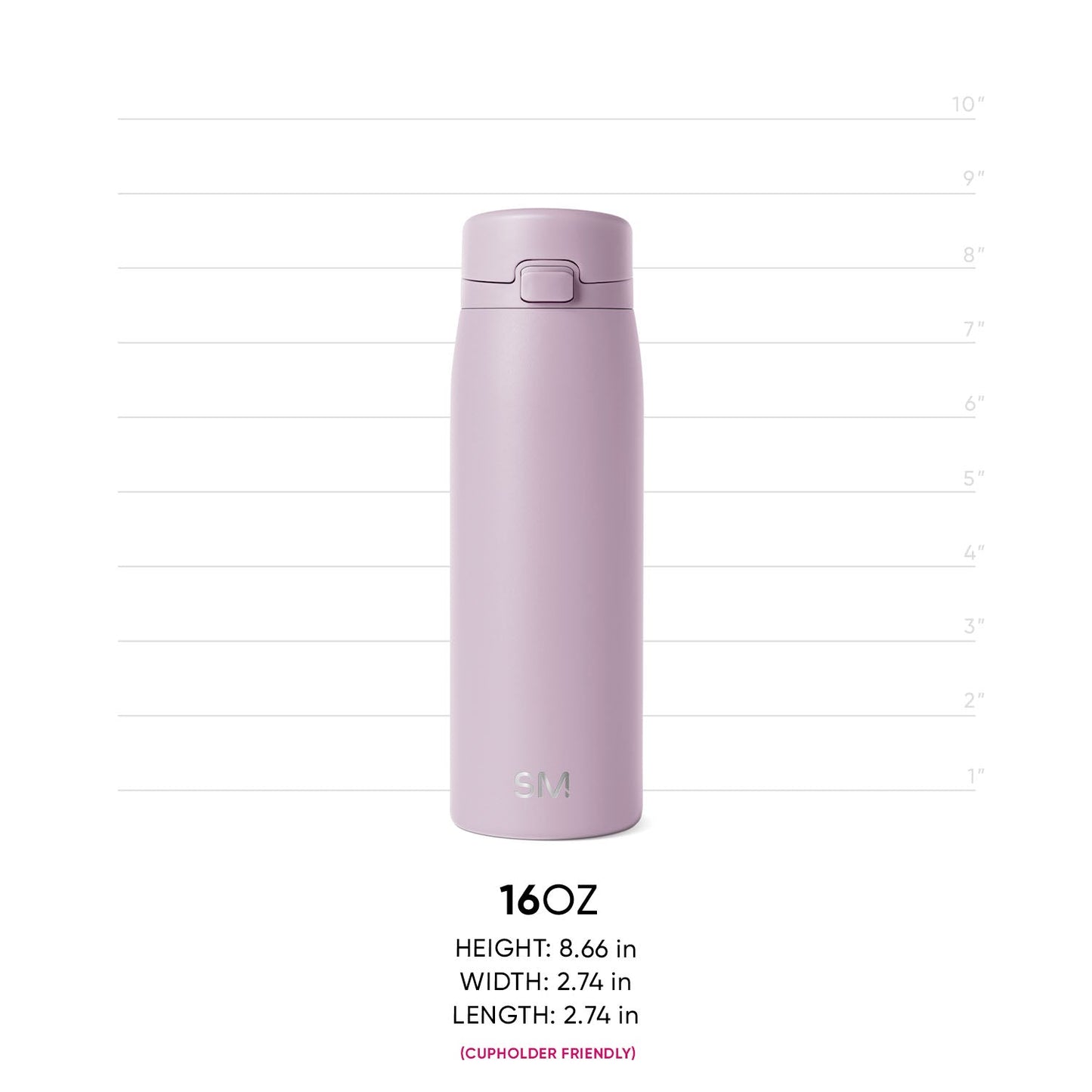 Soft mauve water bottle displayed against a light gray background