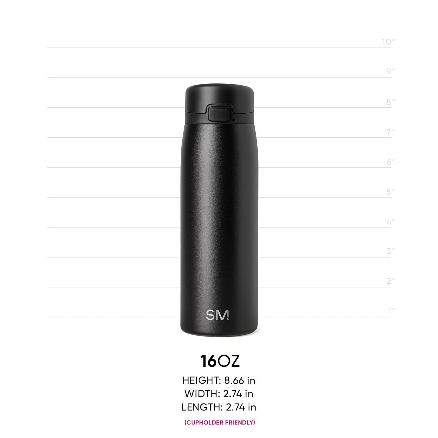 Matte black water bottle with subtle gray variations on cylindrical body against light background