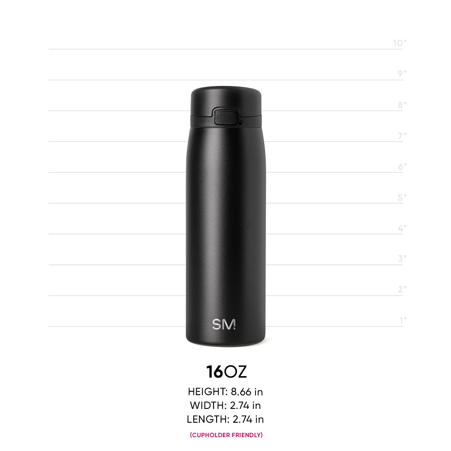 Matte black water bottle with subtle gray variations on cylindrical body against light background