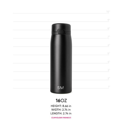 Matte black water bottle with subtle gray variations on cylindrical body against light background
