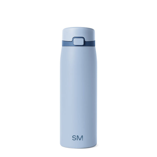 Soft pale blue cylindrical water bottle with navy blue lid band and decorative elements