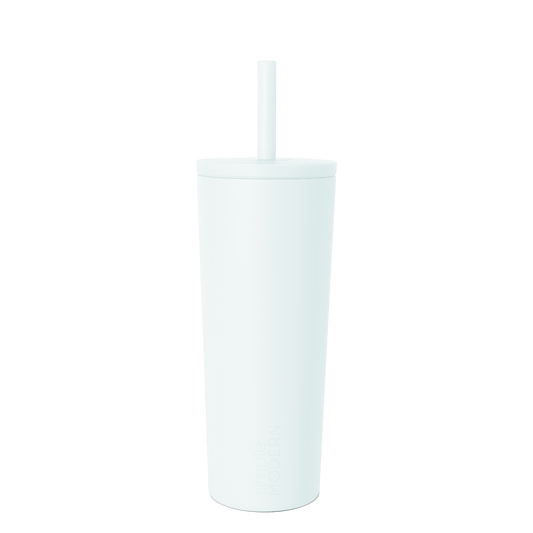 Pale blue frosted cylindrical tumbler with white background, minimal product photography style