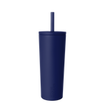 Navy blue insulated tumbler with white background