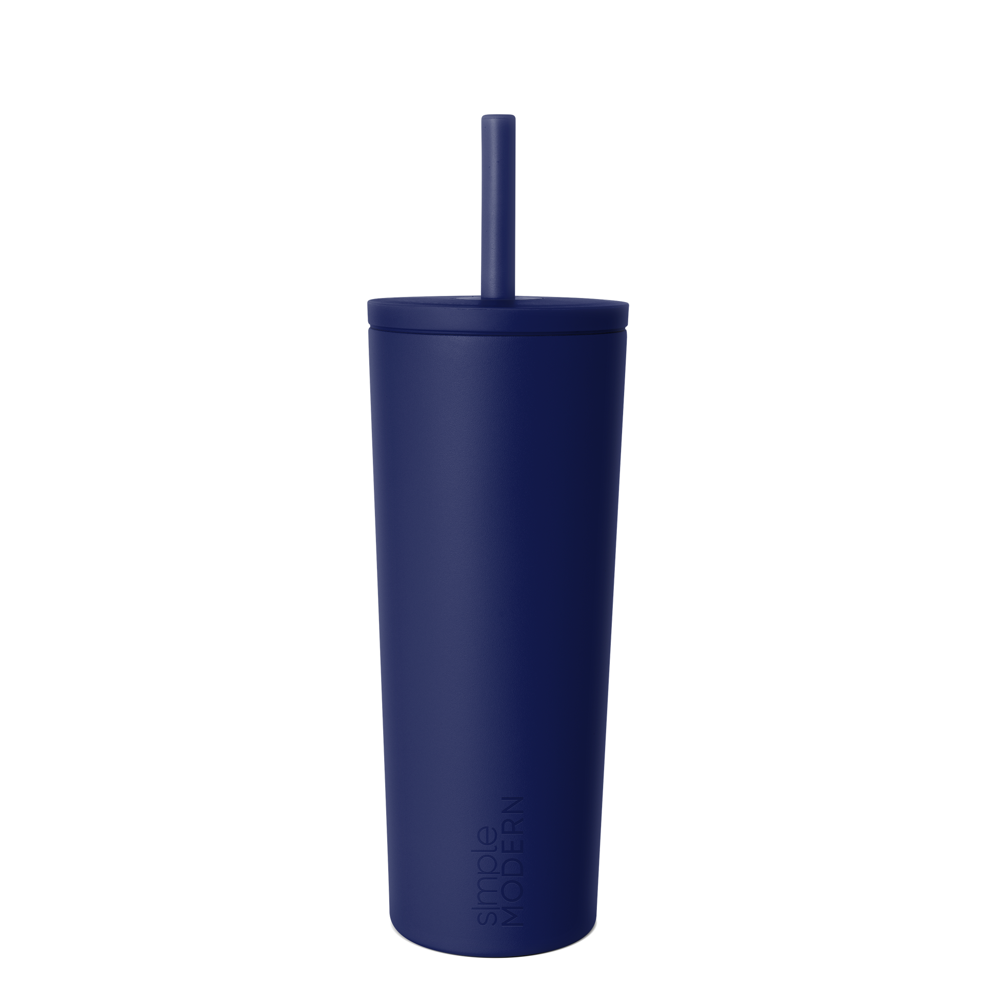 Navy blue insulated tumbler with white background