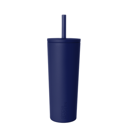 Navy blue insulated tumbler with white background