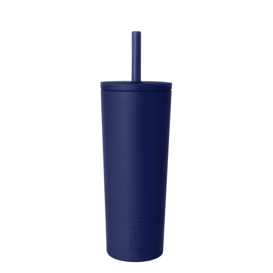 Navy blue insulated tumbler with white background