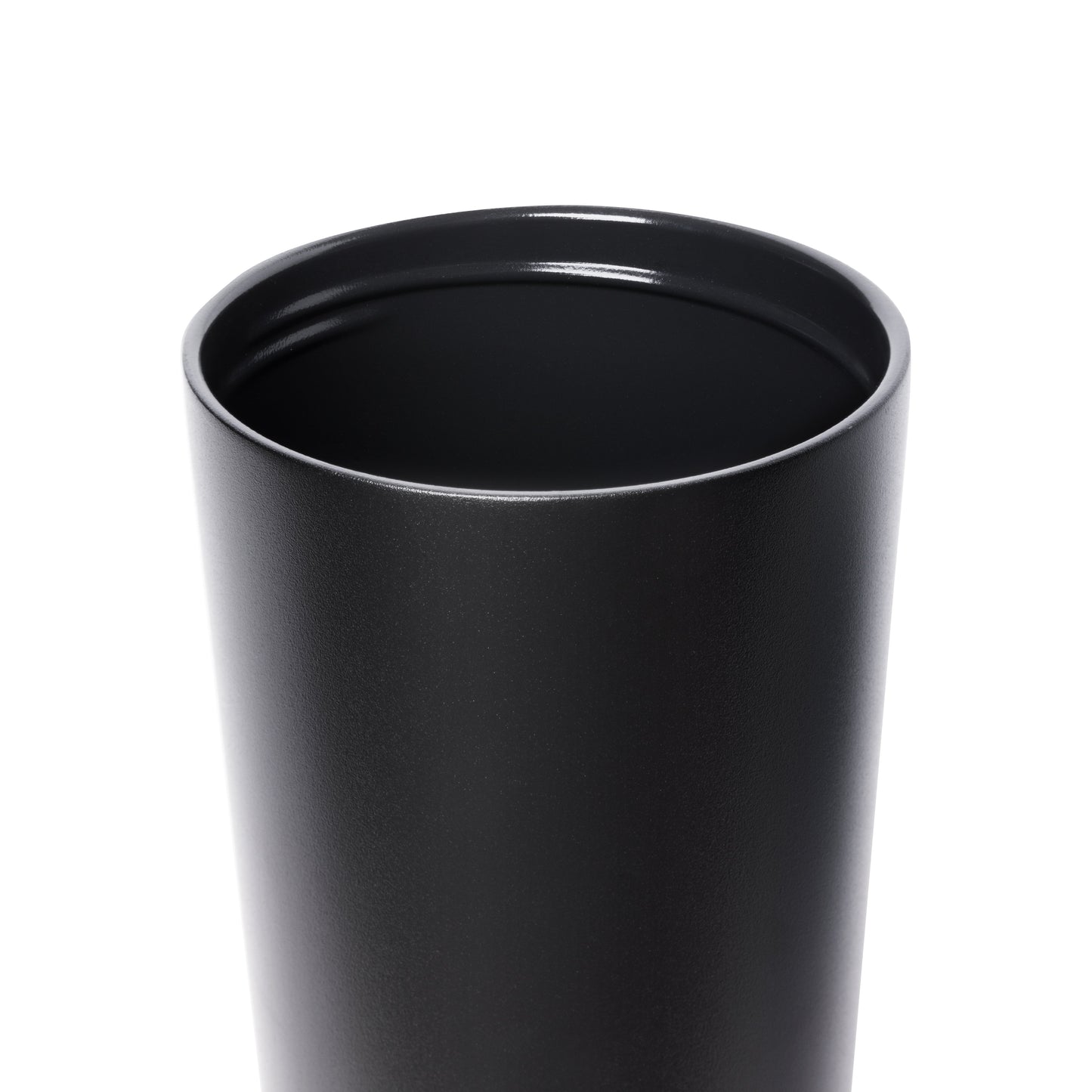 Matte black tumbler with glossy black interior rim on neutral background