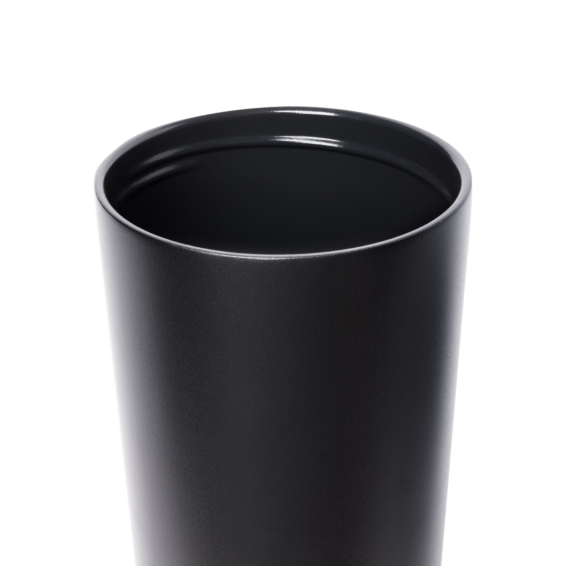 Matte black tumbler with glossy black interior rim on neutral background