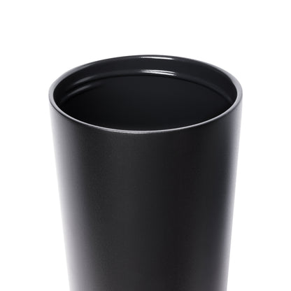 Matte black tumbler with glossy black interior rim on neutral background