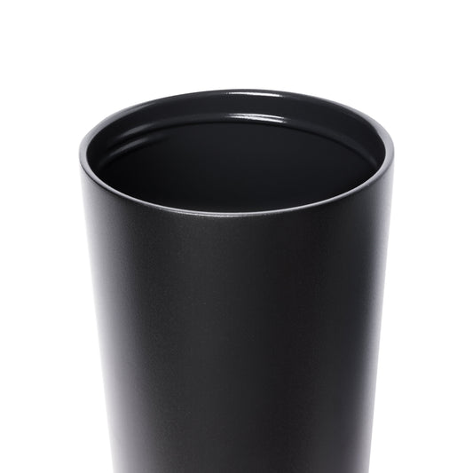 Matte black tumbler with glossy black interior rim on neutral background