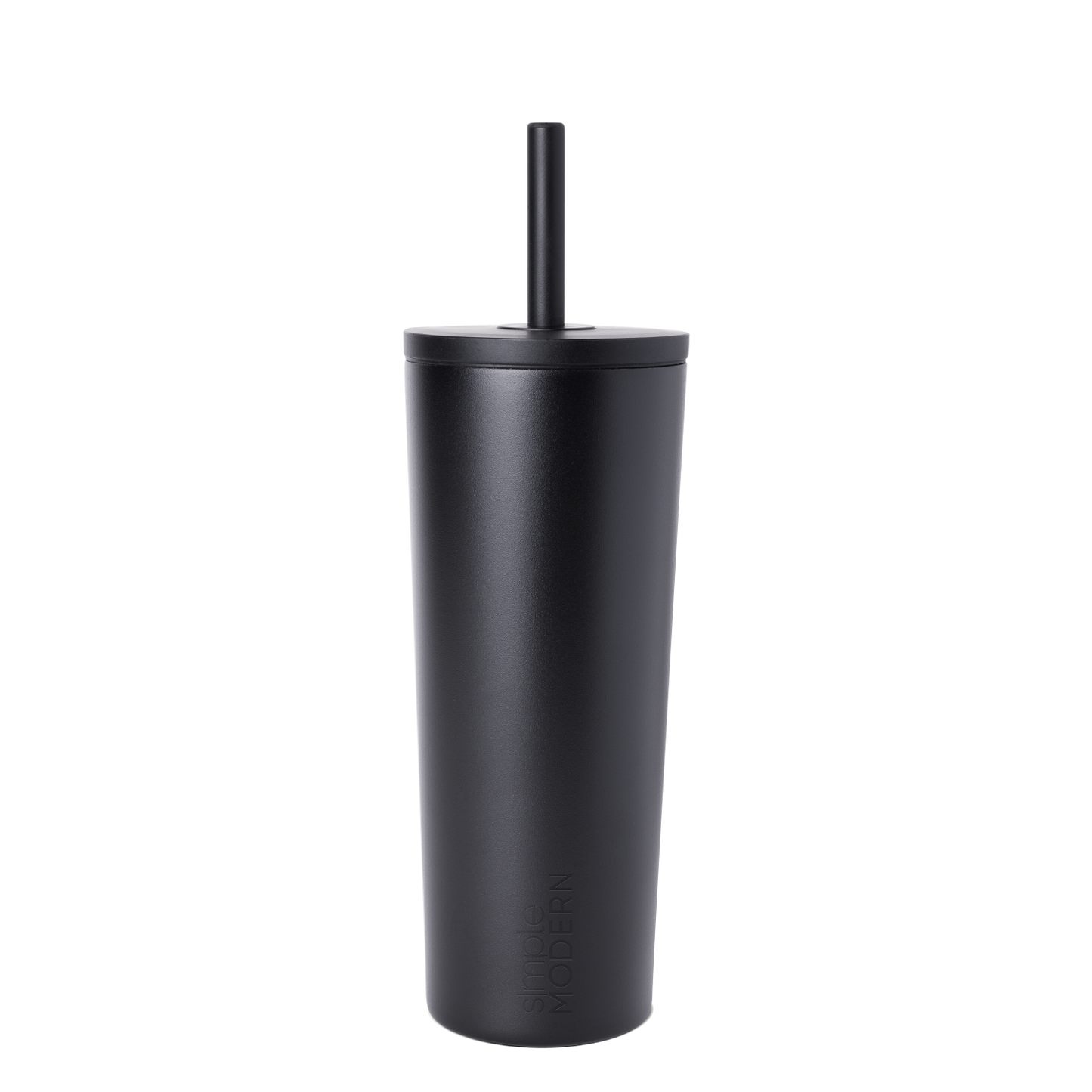 Matte black reusable cup with matching black straw on white background
