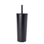 Matte black reusable cup with matching black straw on white background