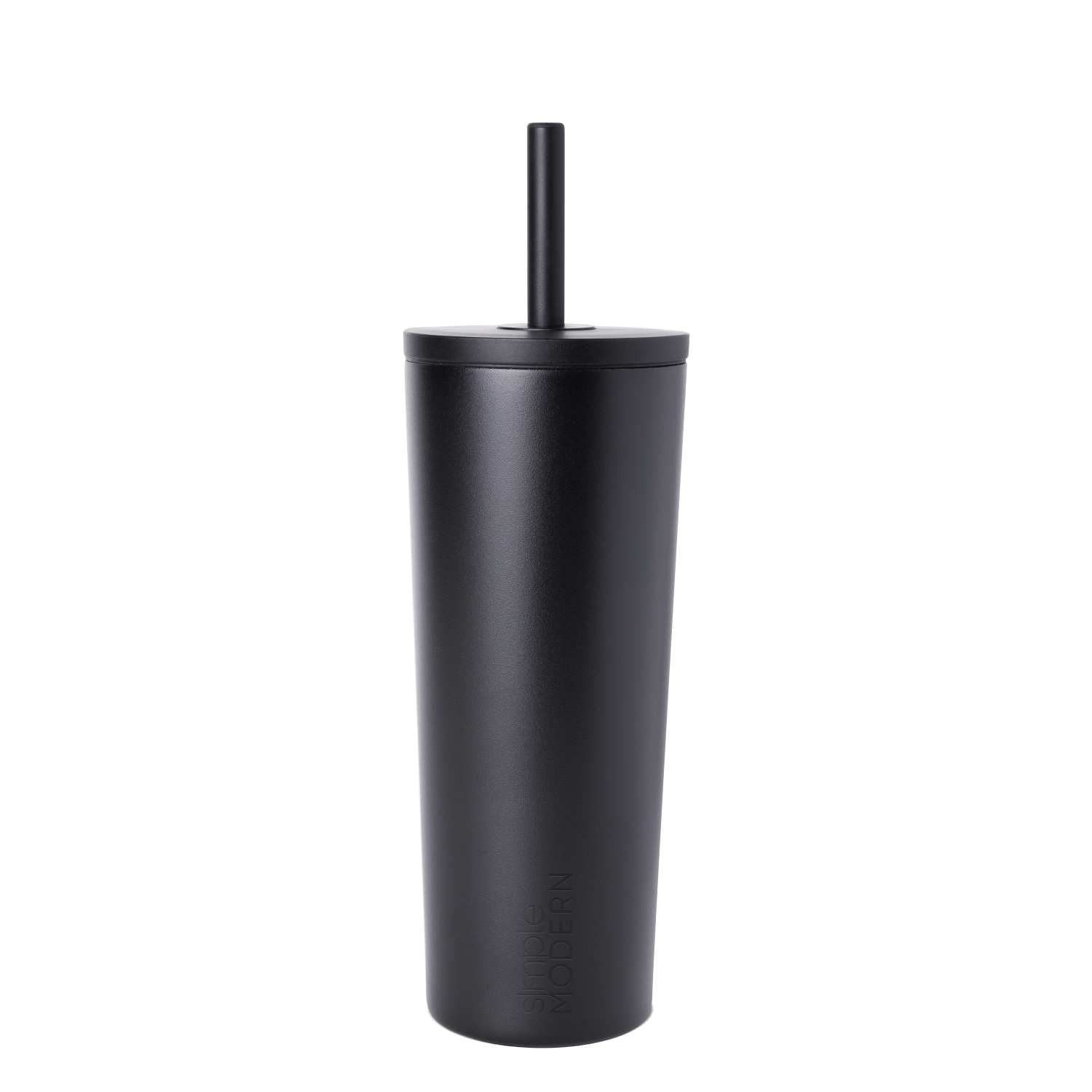 Matte black reusable cup with matching black straw on white background