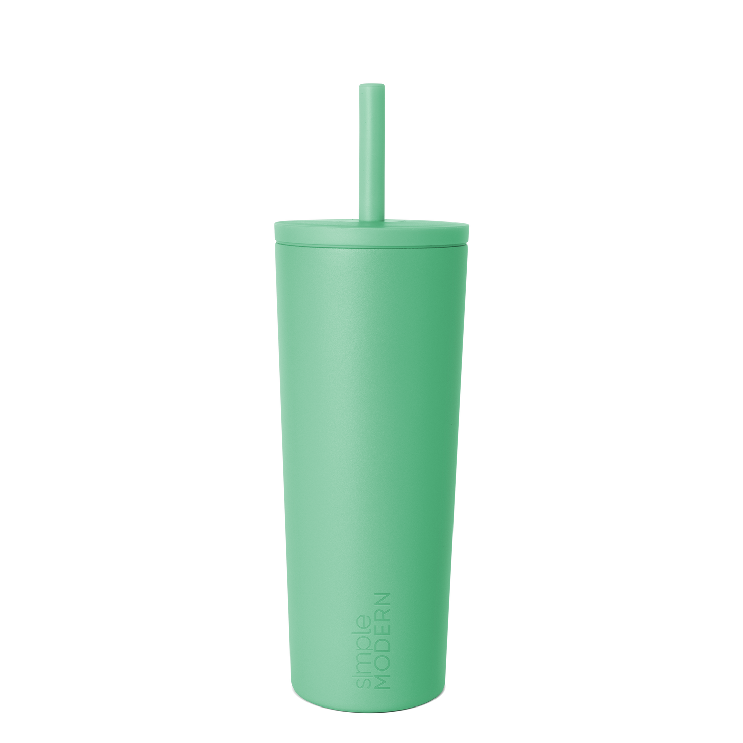 Pale mint green tumbler with lid on white background