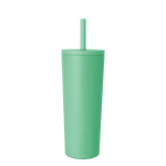 Pale mint green tumbler with lid on white background