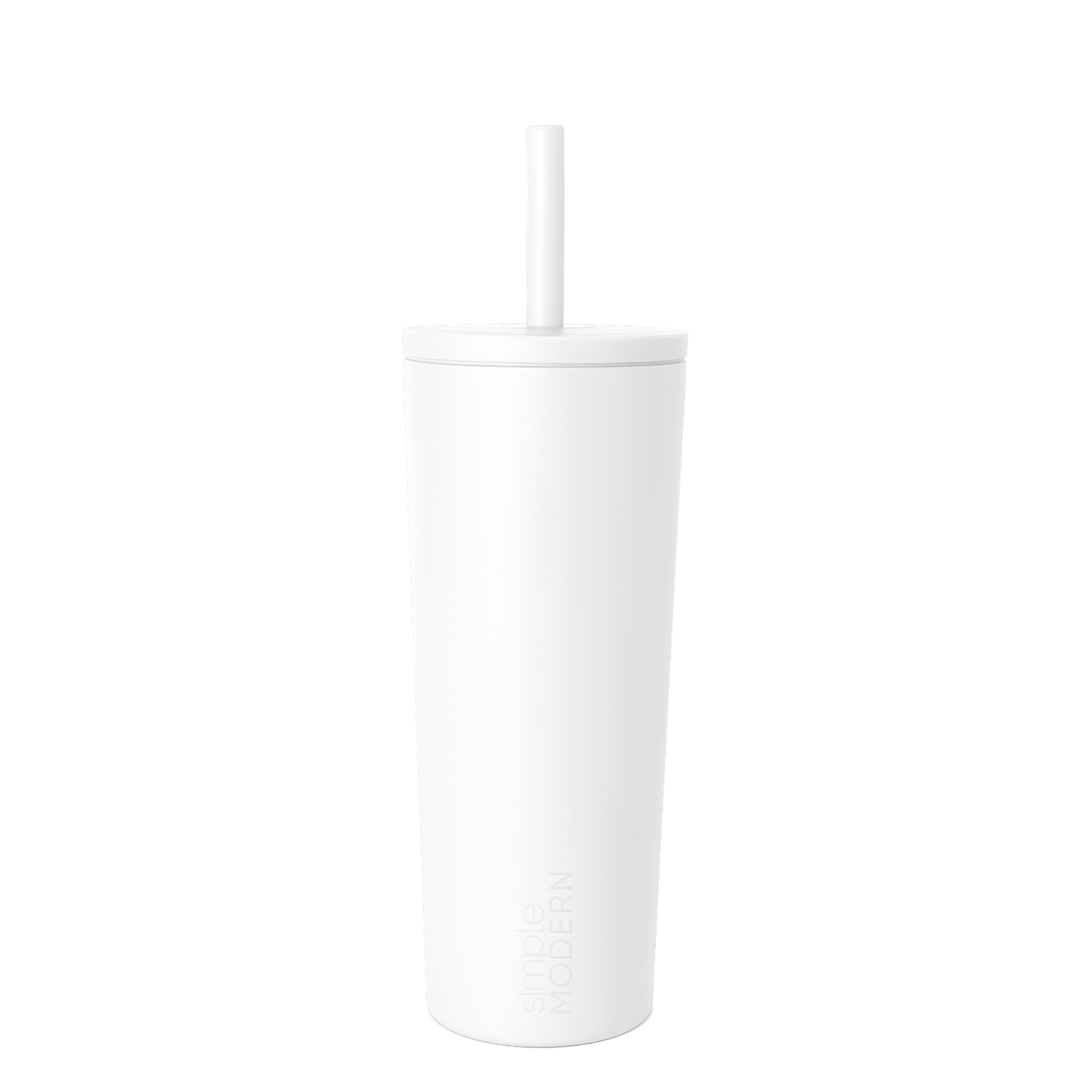 White insulated tumbler with integrated straw and flat lid on white background