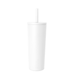 White insulated tumbler with integrated straw and flat lid on white background