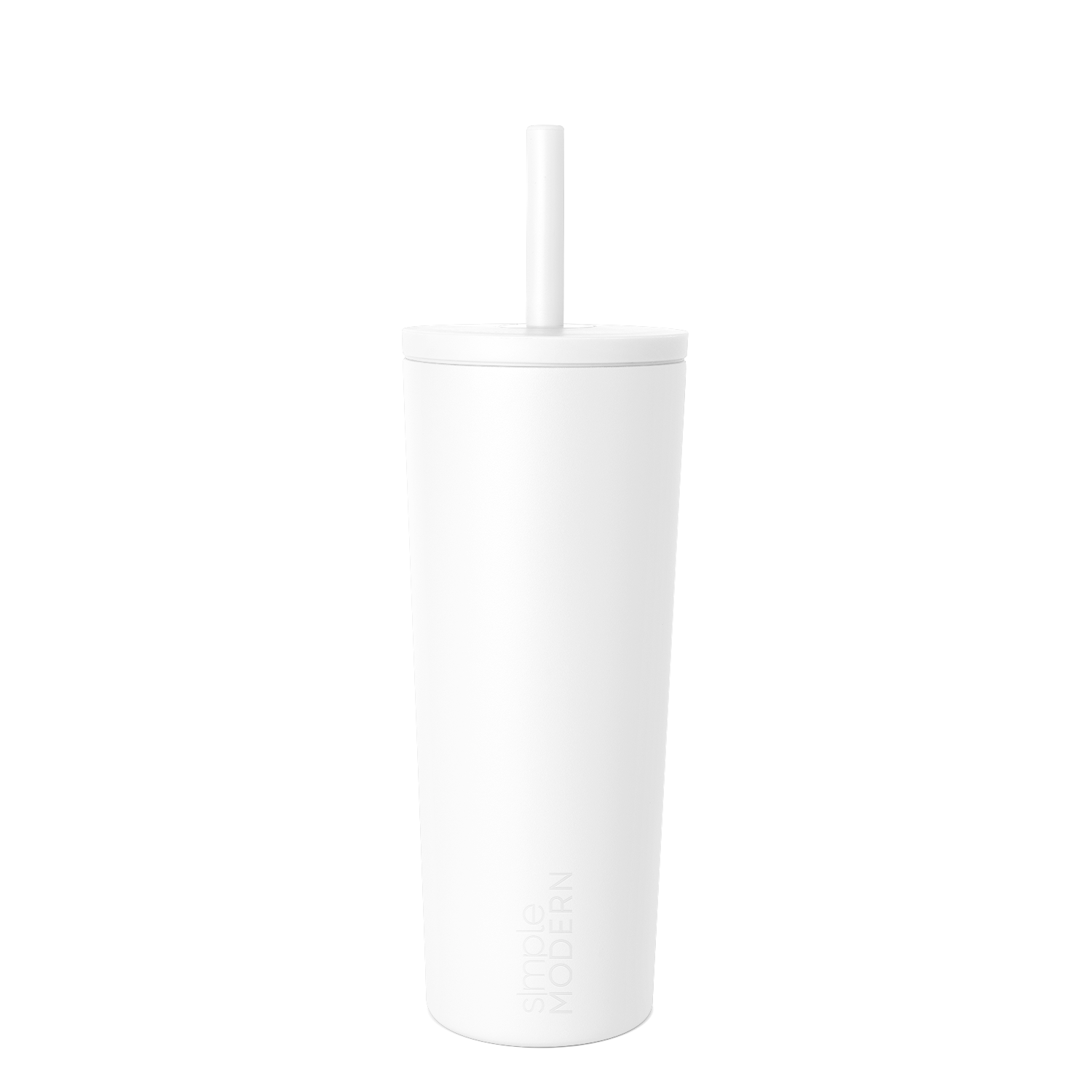 White insulated tumbler with integrated straw and flat lid on white background