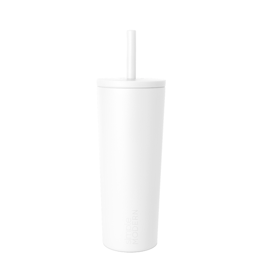 White insulated tumbler with integrated straw and flat lid on white background