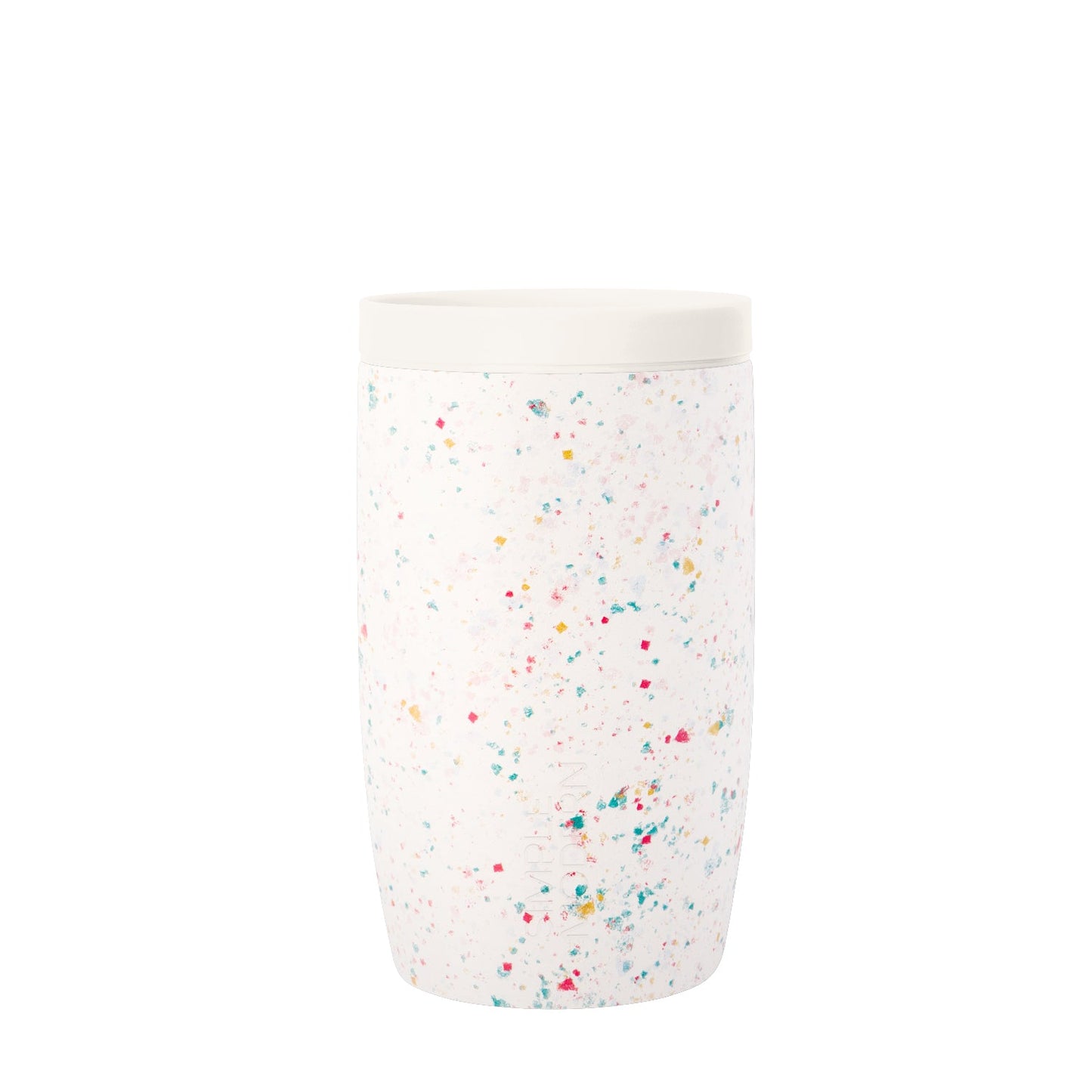 White container with scattered hot pink, coral, yellow, turquoise, and teal blue accent colors