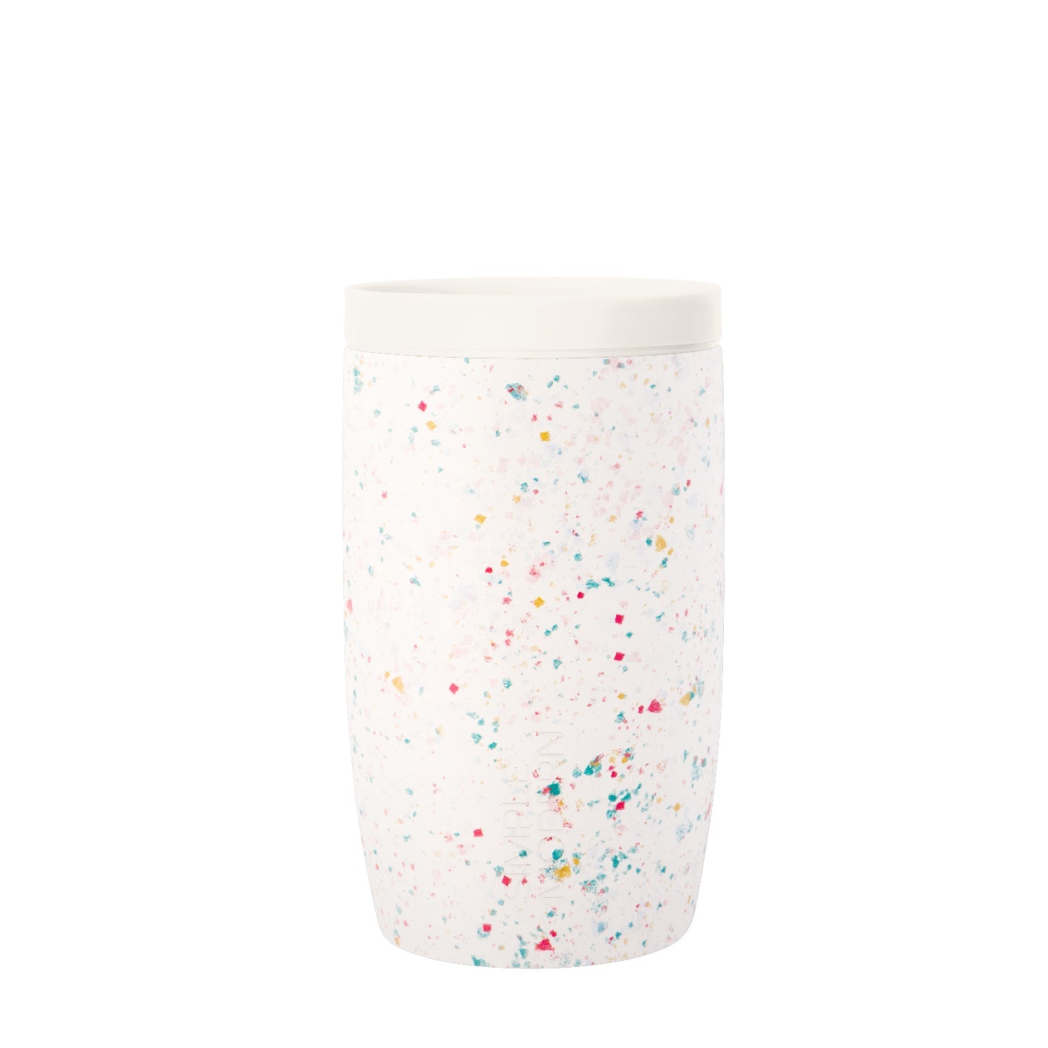 White container with scattered hot pink, coral, yellow, turquoise, and teal blue accent colors