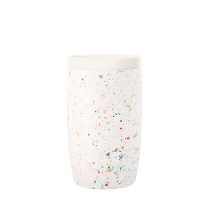 White container with scattered hot pink, coral, yellow, turquoise, and teal blue accent colors