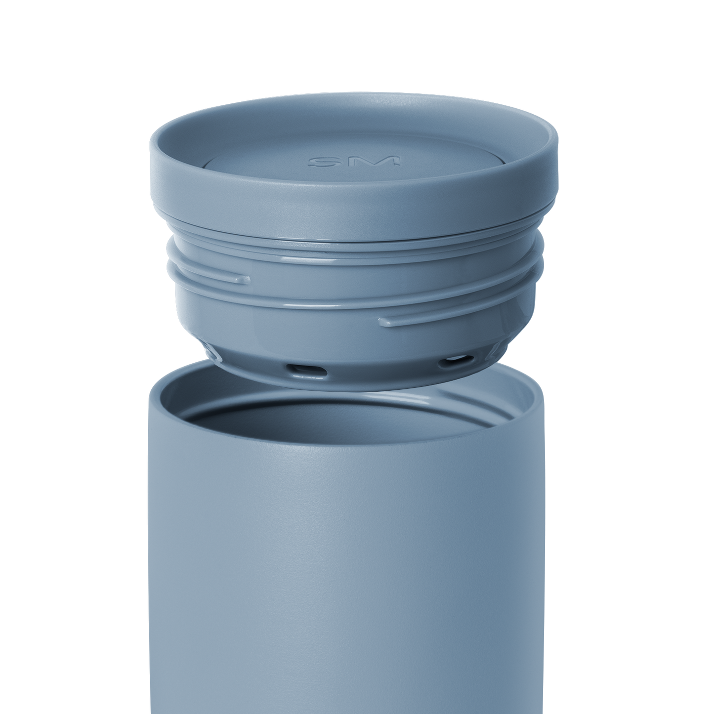 Blue-gray water bottle with detachable lid on white background. Simple modern design in muted slate blue color.