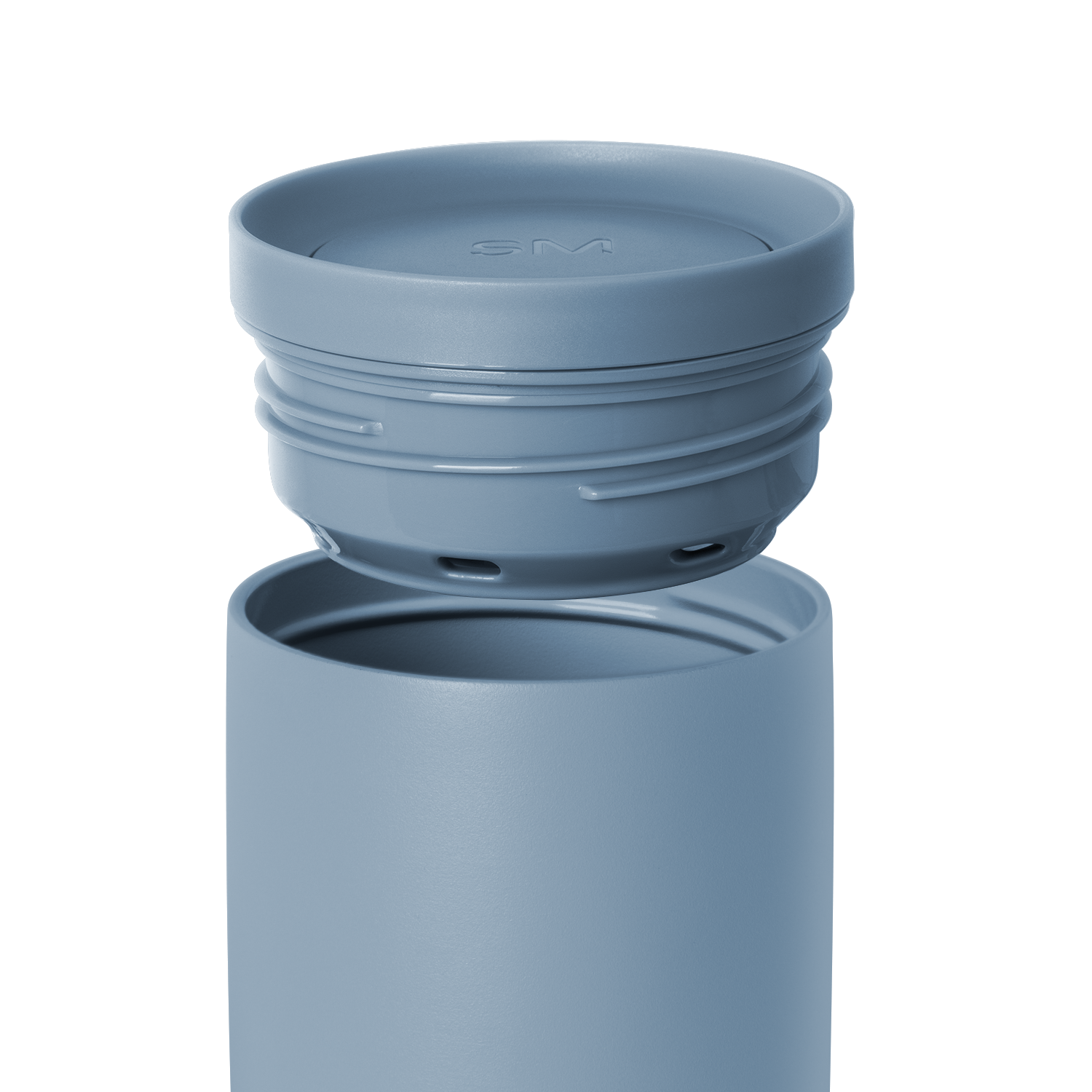 Blue-gray water bottle with detachable lid on white background. Simple modern design in muted slate blue color.