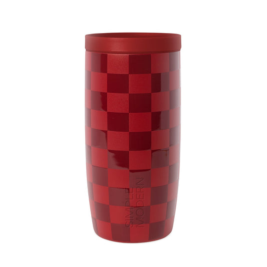 Red and burgundy checkerboard patterned drinkware with matching lid