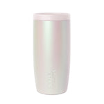 Iridescent tumbler with pale pink, cream, and white color shifting finish, modern signature drinkware design in soft matte surface