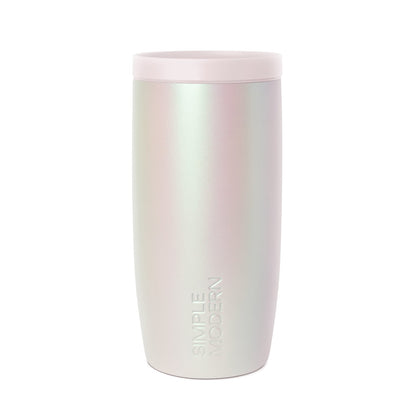 Iridescent tumbler with pale pink, cream, and white color shifting finish, modern signature drinkware design in soft matte surface
