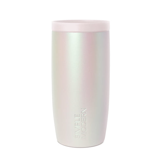 Iridescent tumbler with pale pink, cream, and white color shifting finish, modern signature drinkware design in soft matte surface