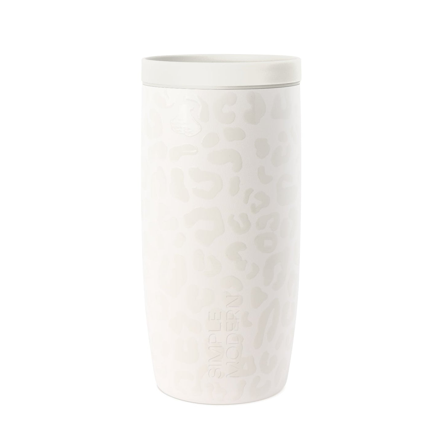 White cylindrical beverage tumbler with subtle embossed leopard print texture pattern