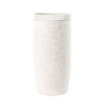 White cylindrical beverage tumbler with subtle embossed leopard print texture pattern
