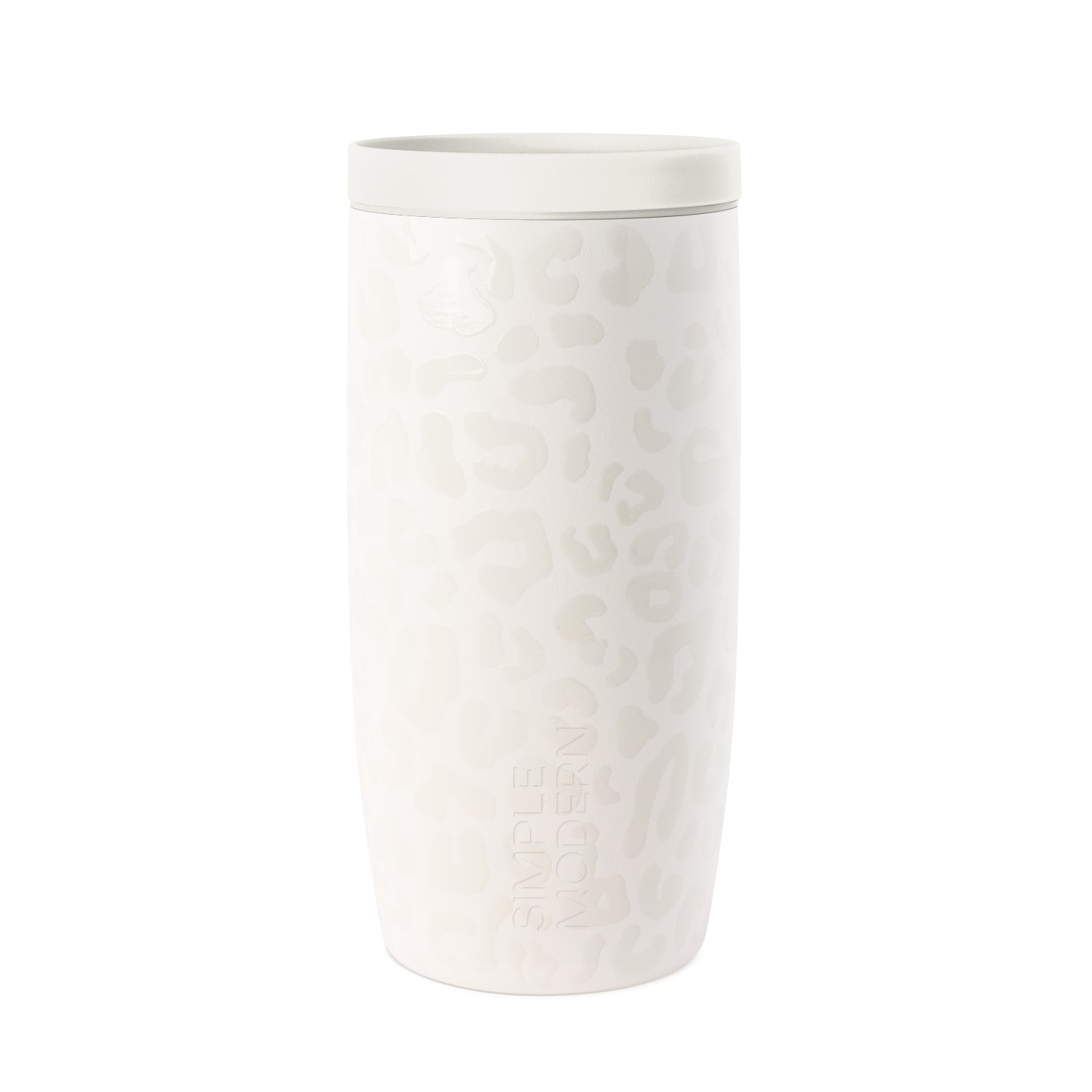 White cylindrical beverage tumbler with subtle embossed leopard print texture pattern