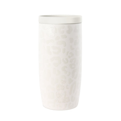 White cylindrical beverage tumbler with subtle embossed leopard print texture pattern