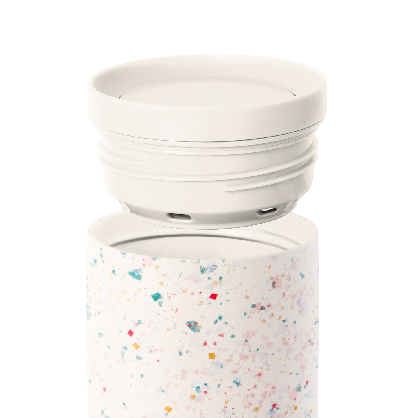 Cream-colored two-piece cookware set with removable lid on white background, featuring a light cream base vessel and off-white top component.