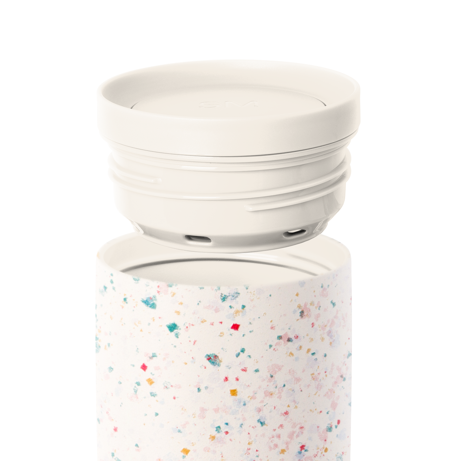 Cream-colored two-piece cookware set with removable lid on white background, featuring a light cream base vessel and off-white top component.