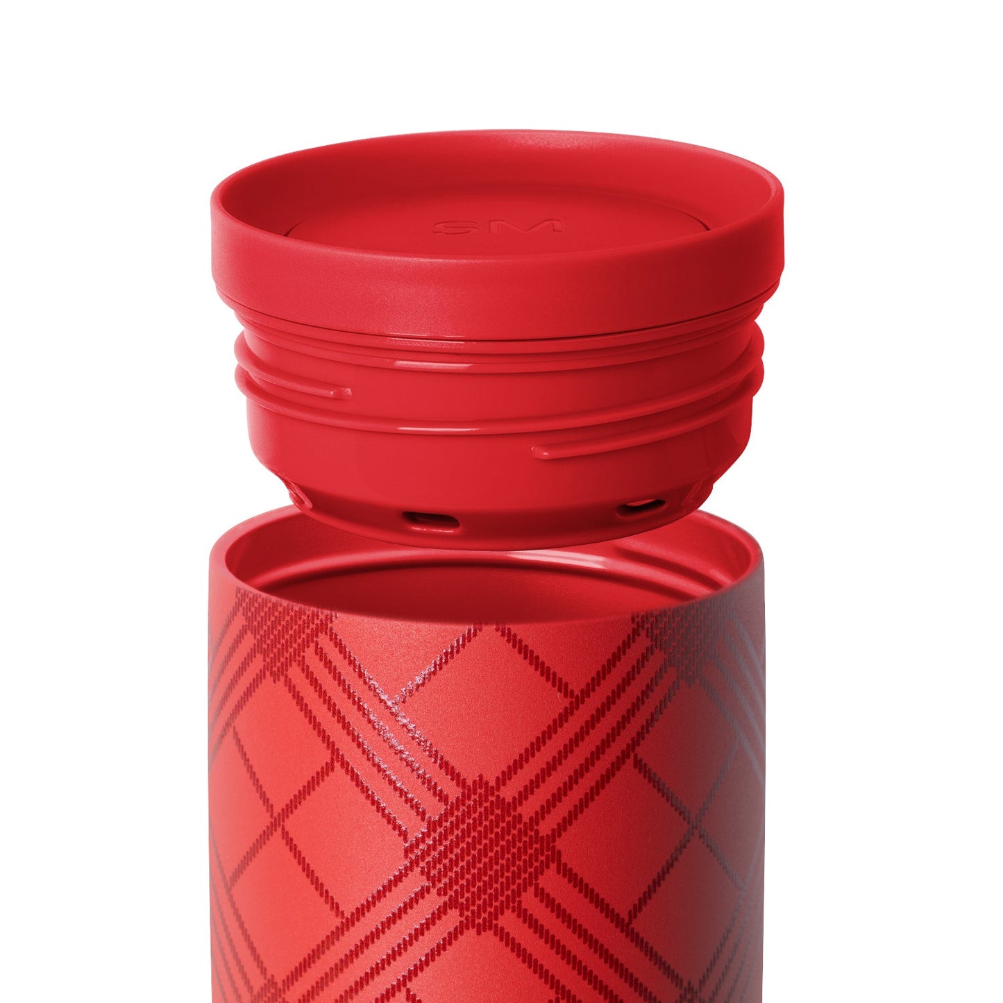 Red hydration bottle with separated lid, showing the main bottle body and removable cap, both in bright red color