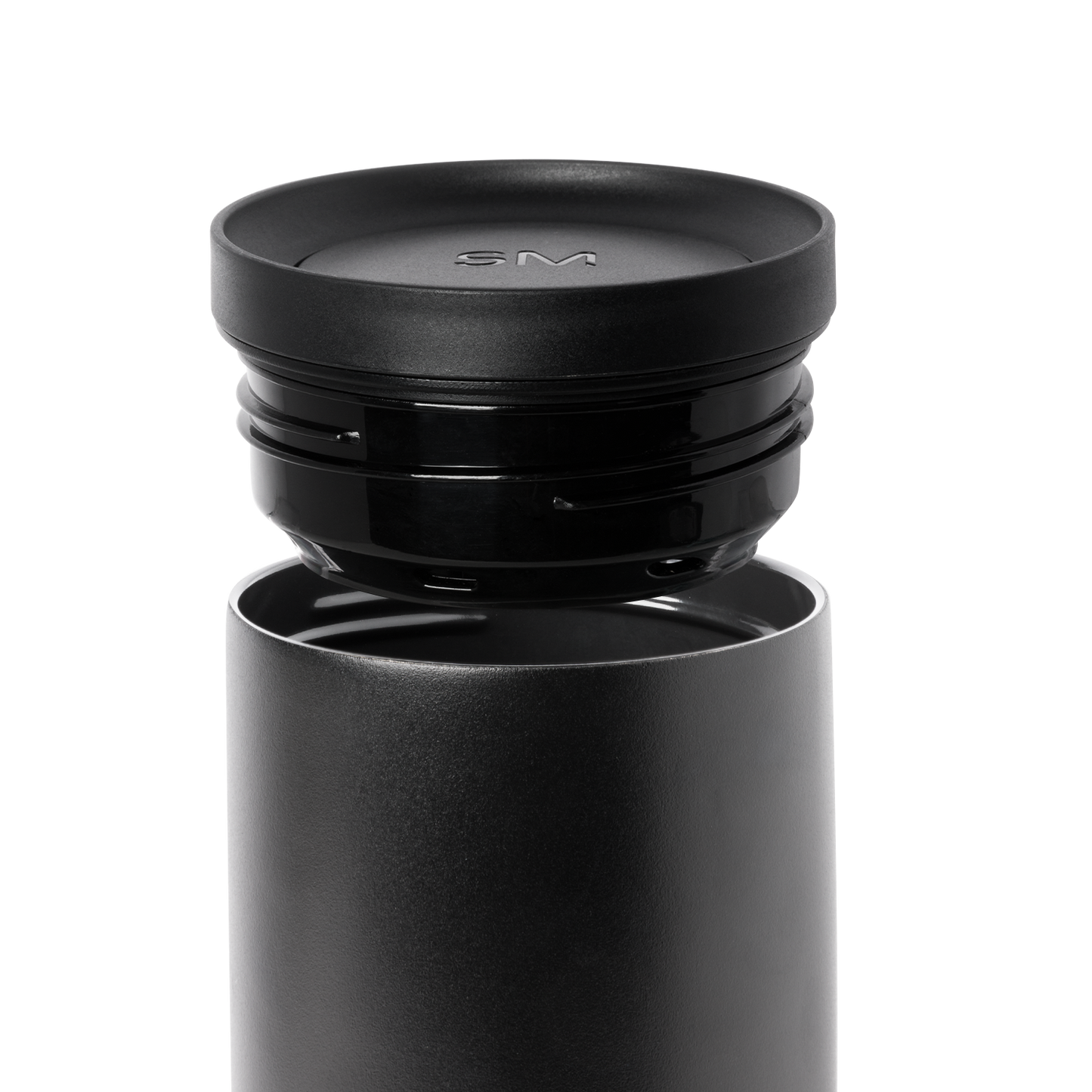 Dark gray cylindrical container with matte finish and removable black lid, shown against white background.