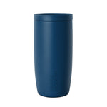 Matte slate blue cylindrical tumbler with matching fitted lid, sleek minimalist design
