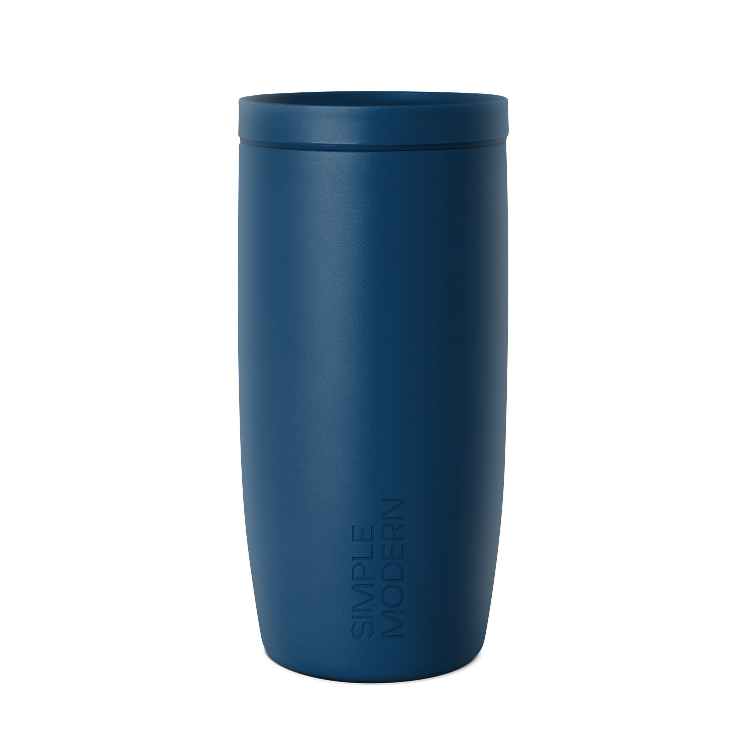 Matte slate blue cylindrical tumbler with matching fitted lid, sleek minimalist design