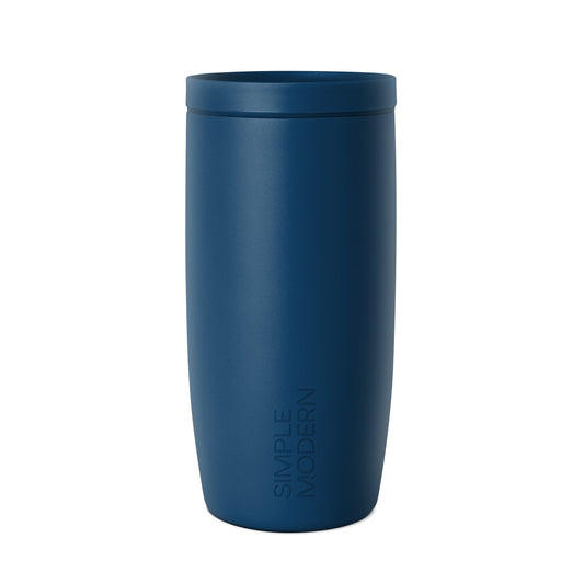 Matte slate blue cylindrical tumbler with matching fitted lid, sleek minimalist design