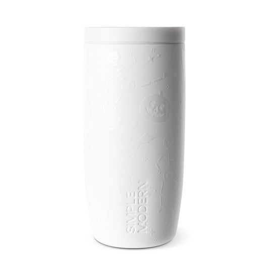 White insulated tumbler with modern cylindrical design and streamlined shape, shown against neutral background for product display