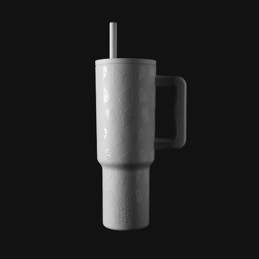White cylindrical tumbler with light gray shading and dimension, displayed against a white and light gray background.