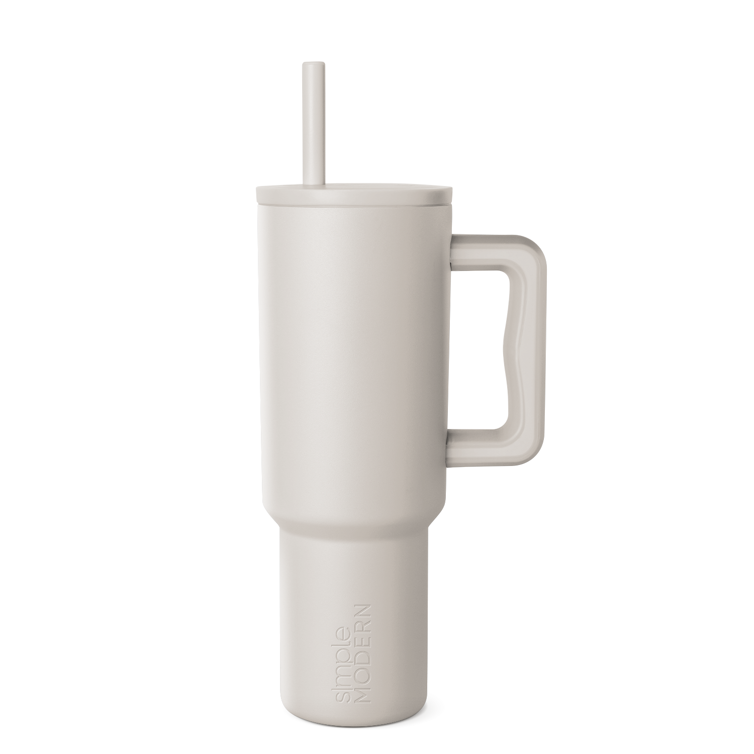 Beige signature tumbler with handle and straw on neutral background