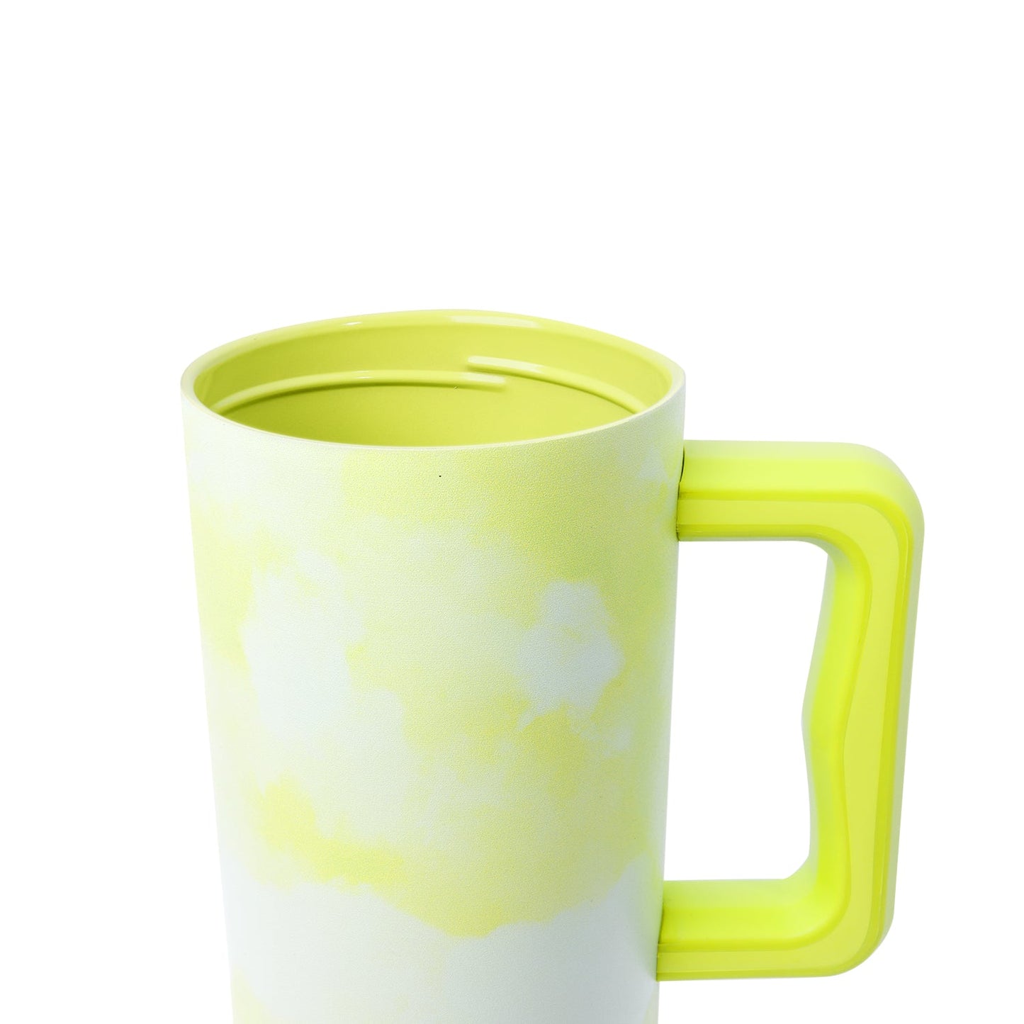 White ceramic mug with soft yellow-green watercolor patches and neon lime green handle